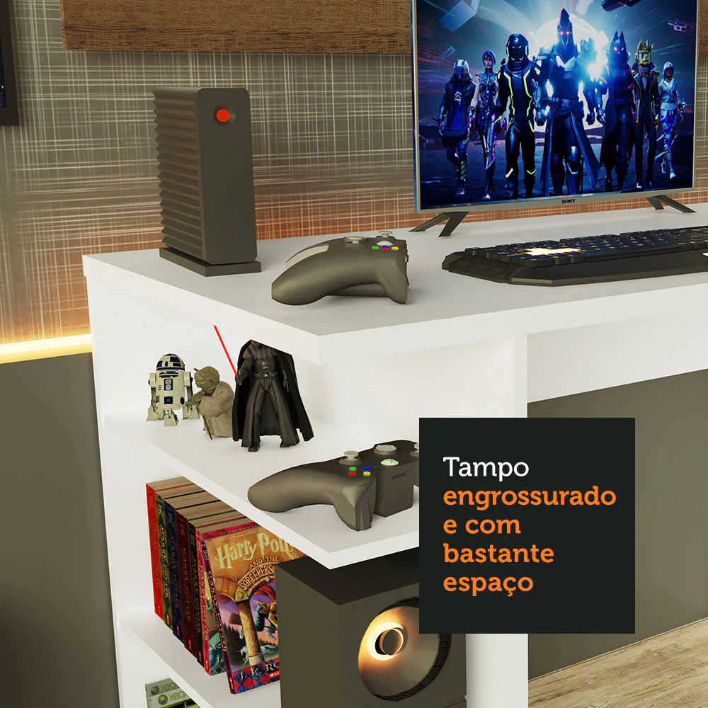 Mesa para Computador Gamer Madesa 9409 e Painel para TV até 50 Polegadas Branco/Rustic - Image 6