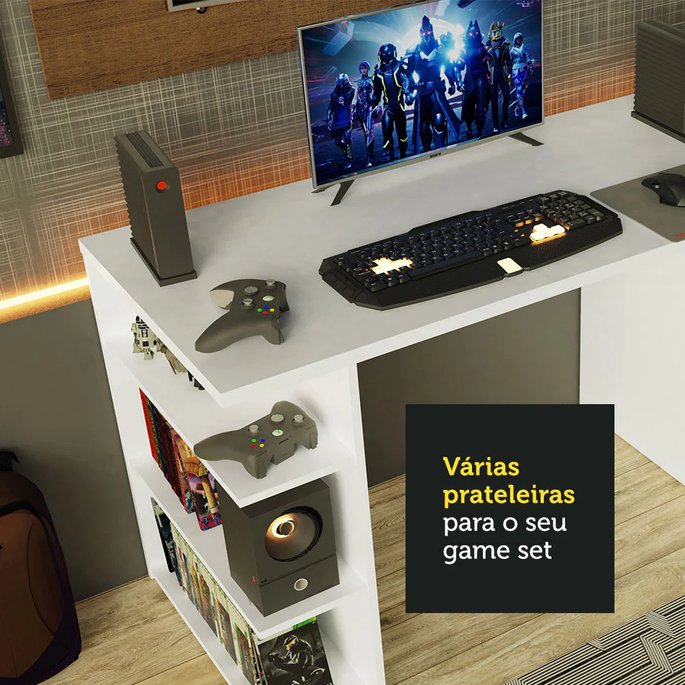 Mesa para Computador Gamer Madesa 9409 e Painel para TV até 50 Polegadas Branco/Rustic - Image 7