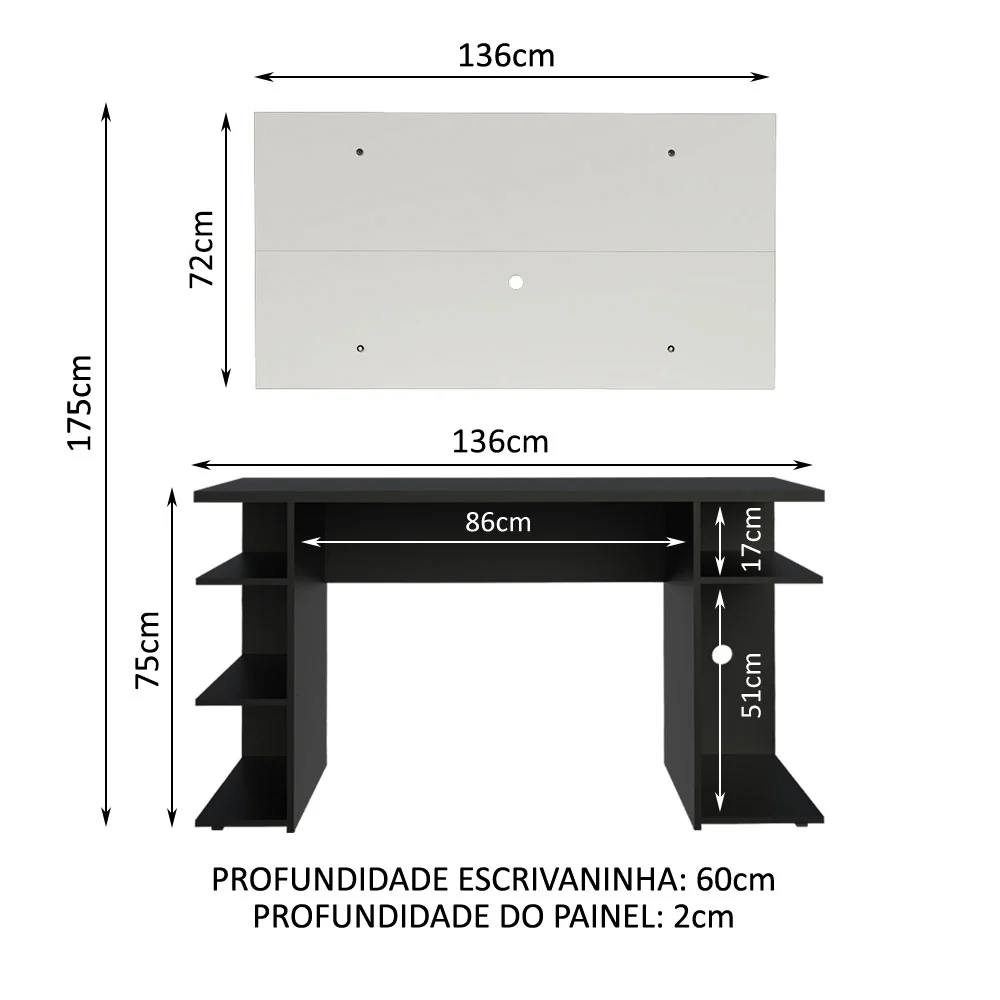 Mesa para Computador Gamer Madesa 9409 e Painel para TV até 50 Polegadas Preto/Branco - Image 3