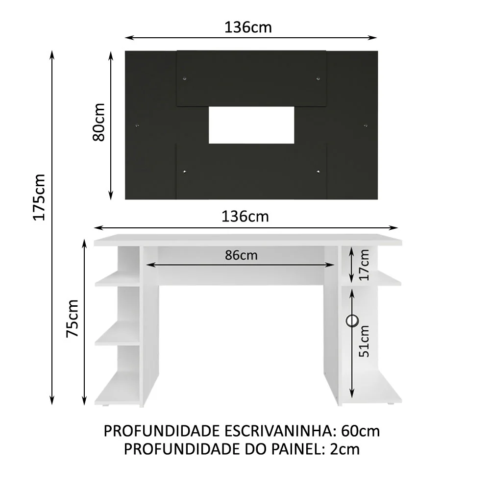 Mesa para Computador Gamer Madesa 9409 e Painel para TV até 58 Polegadas Branco/Preto - Image 3