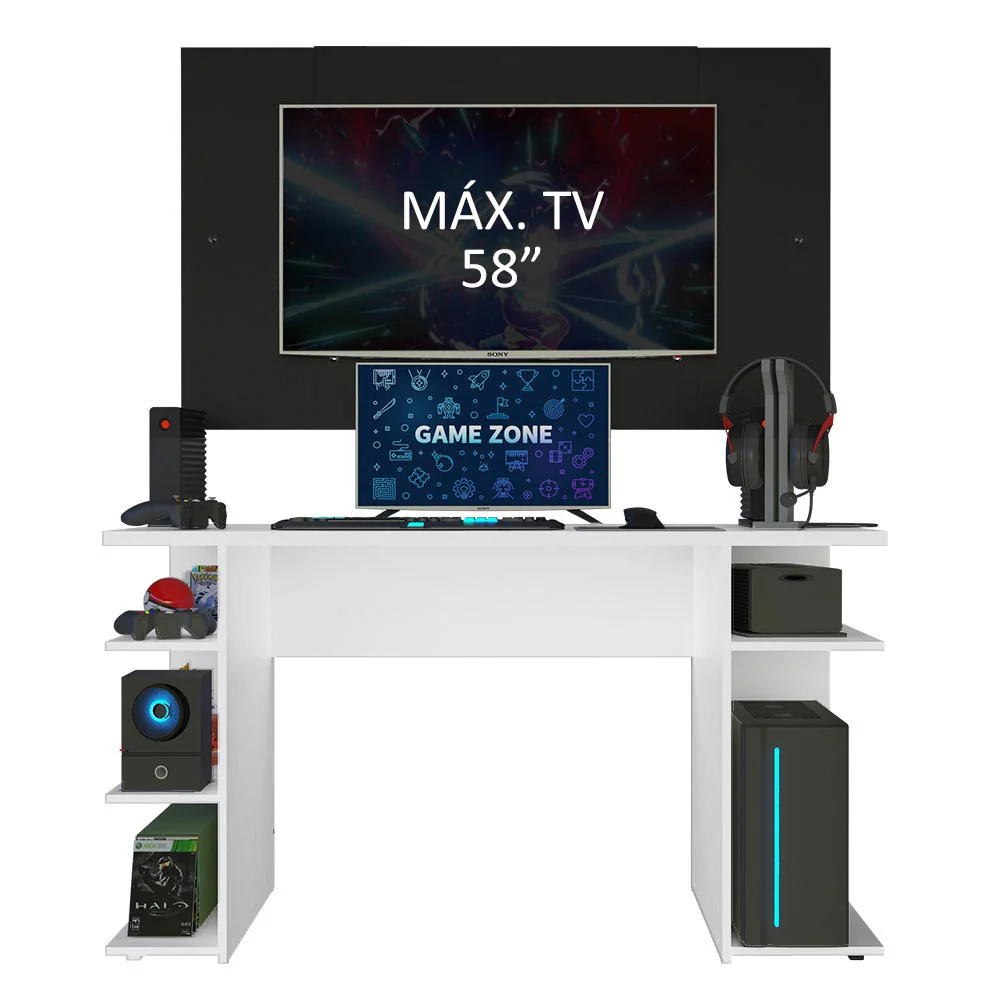 Mesa para Computador Gamer Madesa 9409 e Painel para TV até 58 Polegadas Branco/Preto - Image 4
