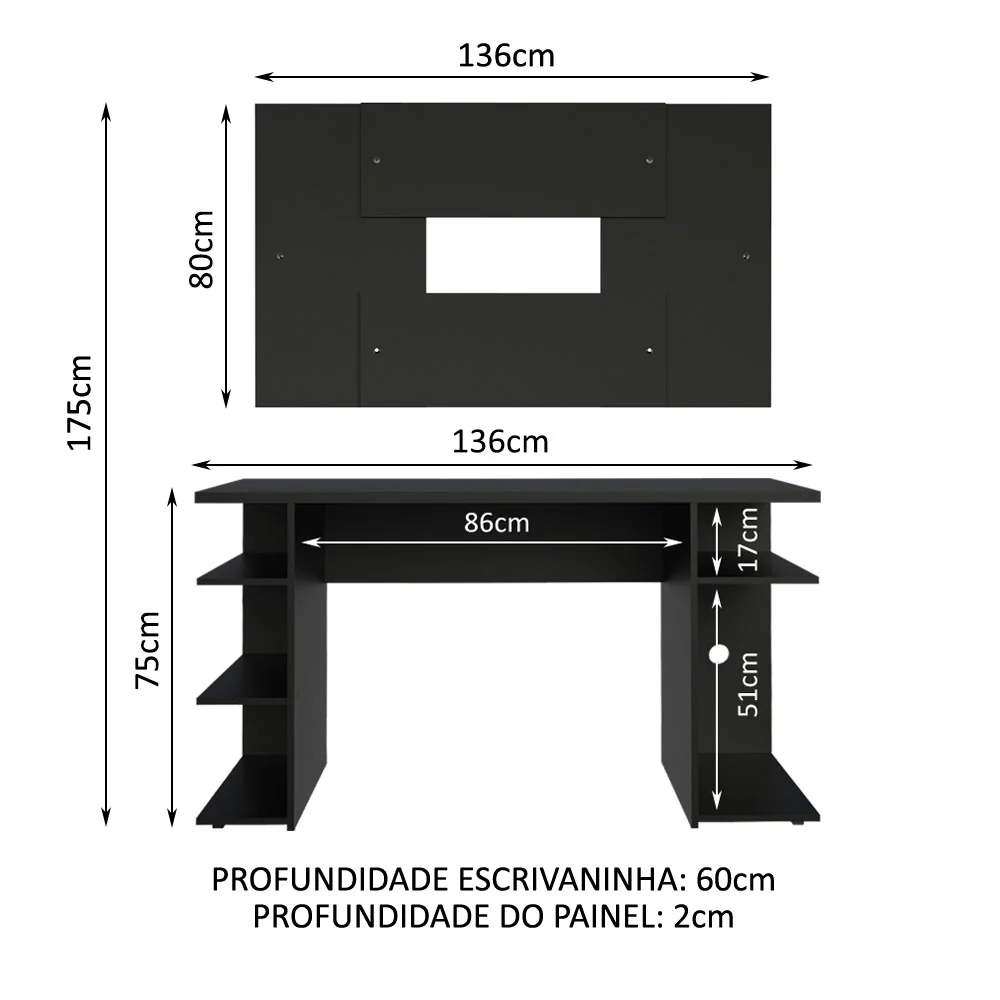 Mesa para Computador Gamer Madesa 9409 e Painel para TV até 58 Polegadas Preto - Image 3