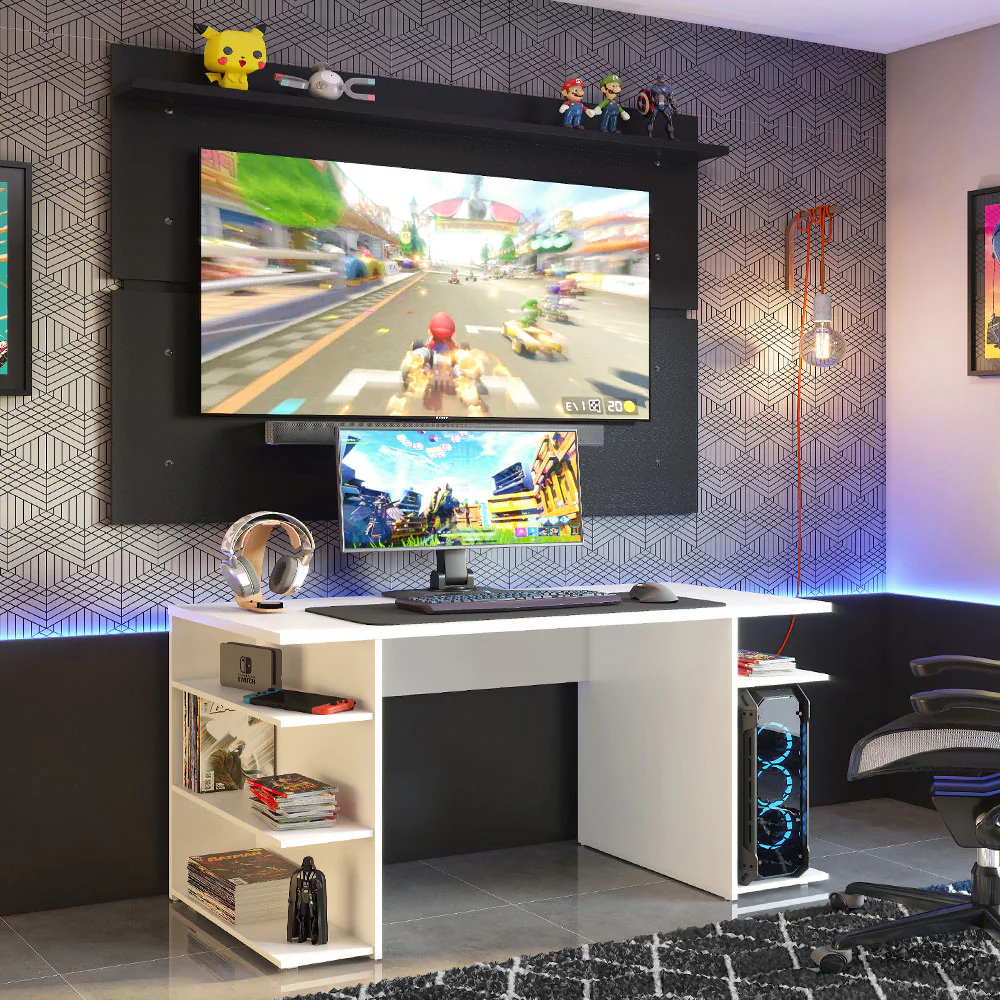 Mesa para Computador Gamer Madesa 9409 e Painel para TV até 65 Polegadas Branco/Preto - Image 2