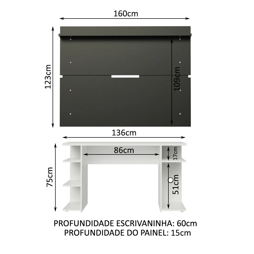 Mesa para Computador Gamer Madesa 9409 e Painel para TV até 65 Polegadas Branco/Preto - Image 3