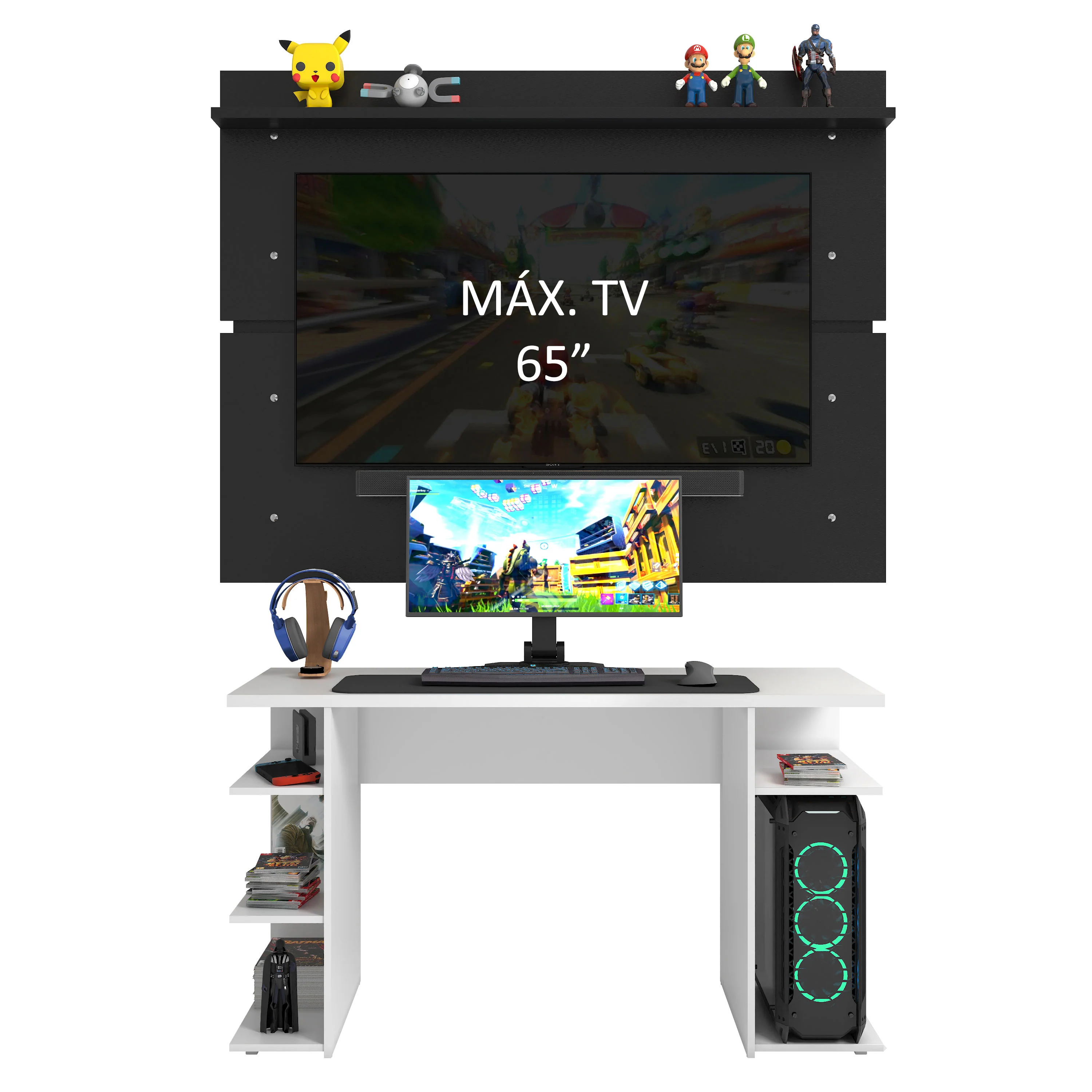 Mesa para Computador Gamer Madesa 9409 e Painel para TV até 65 Polegadas Branco/Preto - Image 4