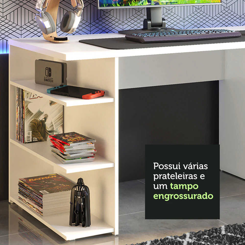 Mesa para Computador Gamer Madesa 9409 e Painel para TV até 65 Polegadas Branco/Preto - Image 6