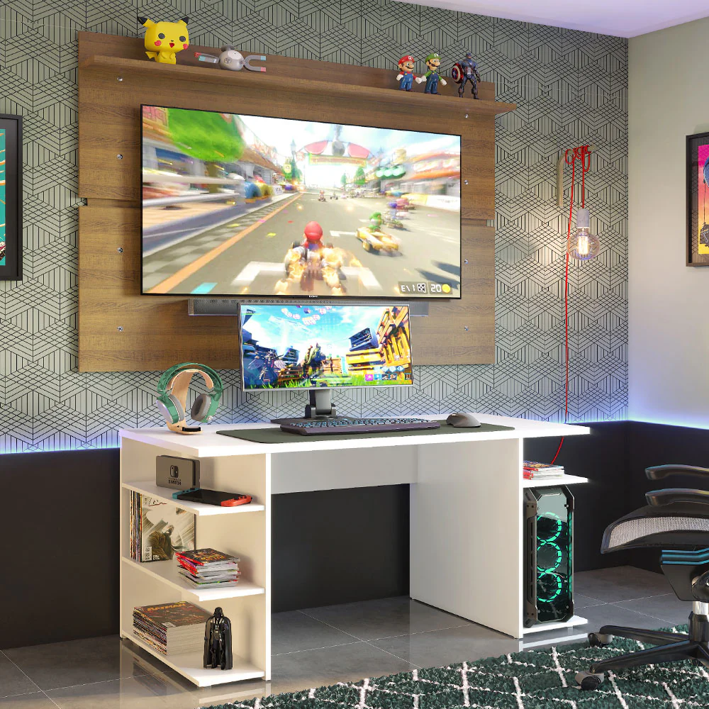Mesa para Computador Gamer Madesa 9409 e Painel para TV até 65 Polegadas Branco/Rustic - Image 2