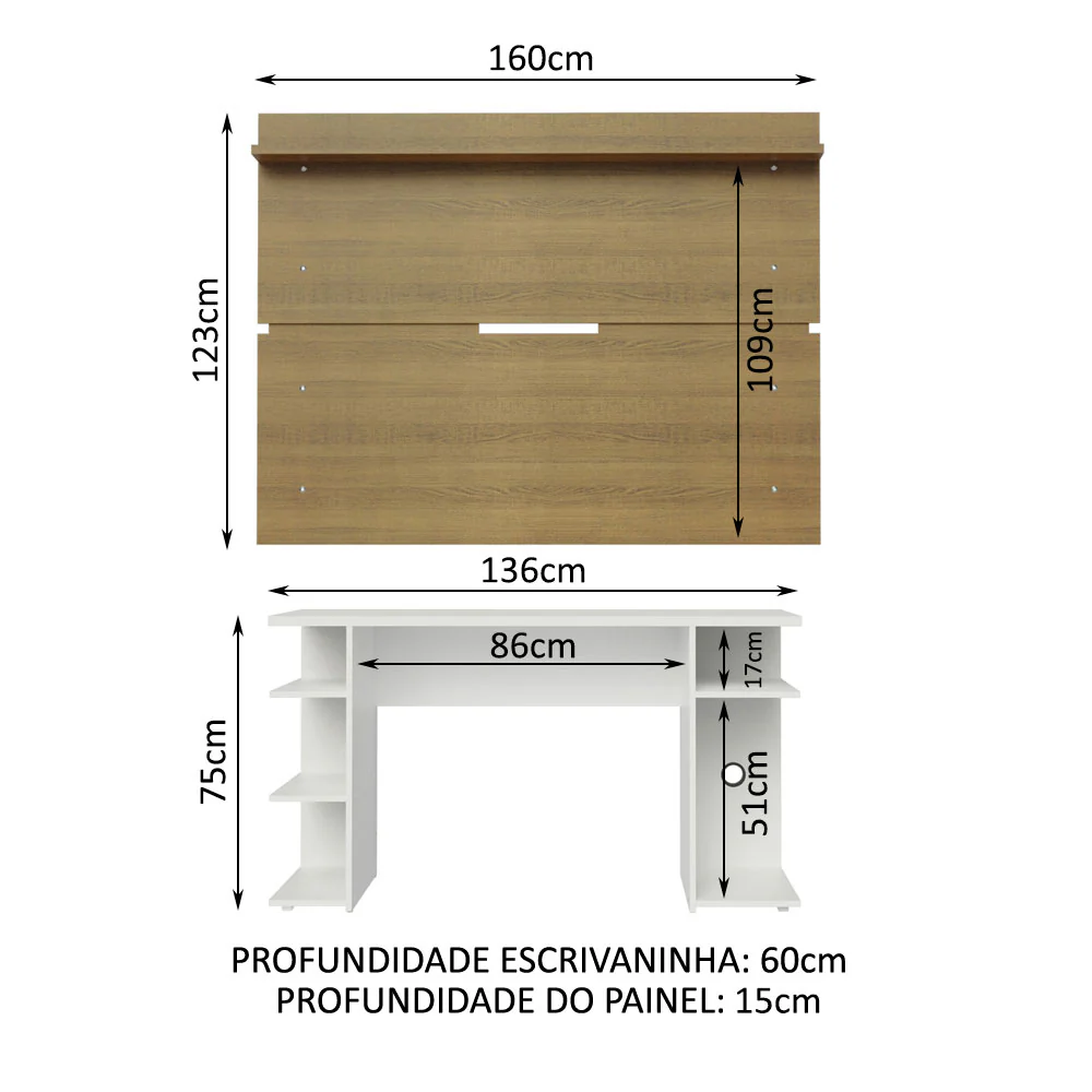 Mesa para Computador Gamer Madesa 9409 e Painel para TV até 65 Polegadas Branco/Rustic - Image 3