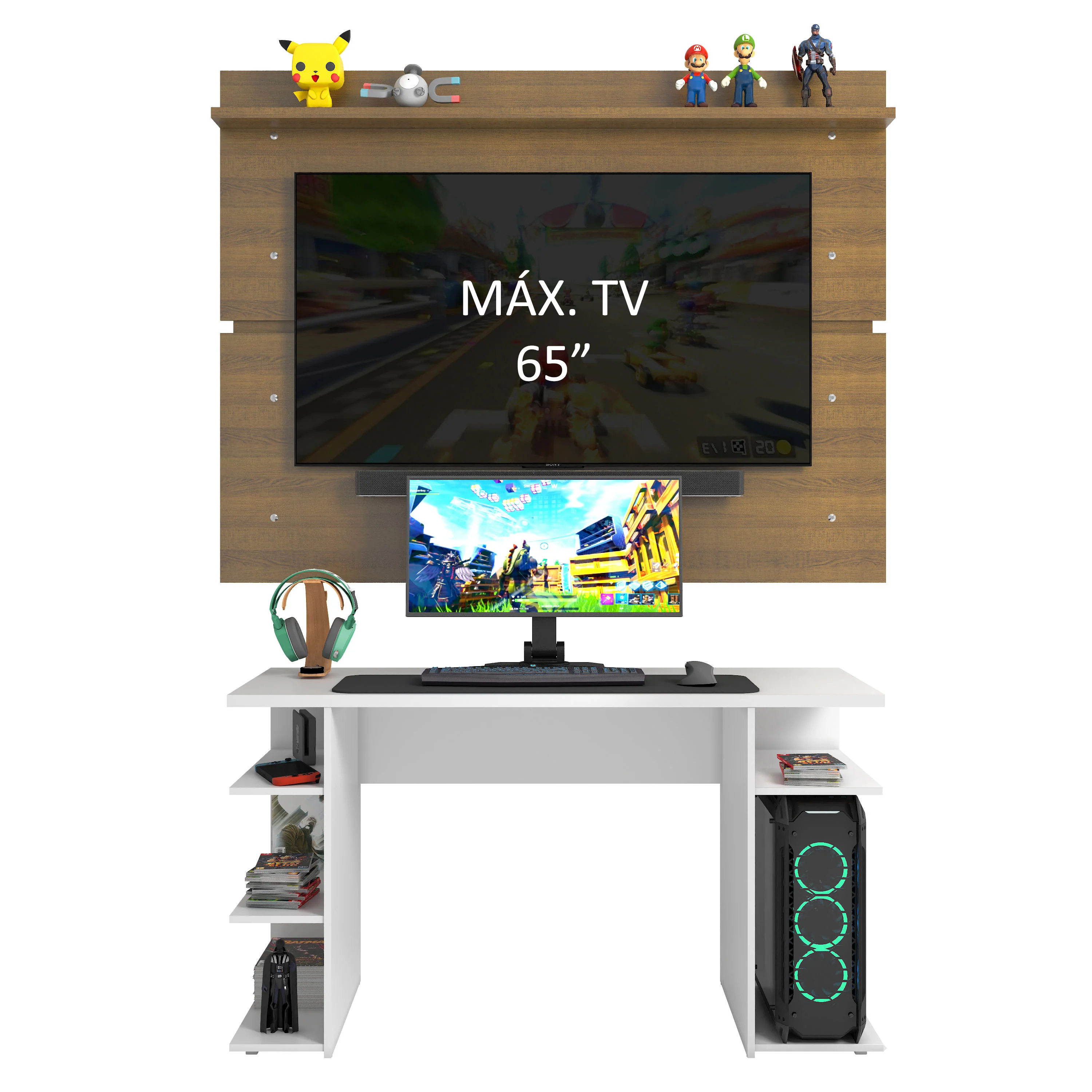 Mesa para Computador Gamer Madesa 9409 e Painel para TV até 65 Polegadas Branco/Rustic - Image 4