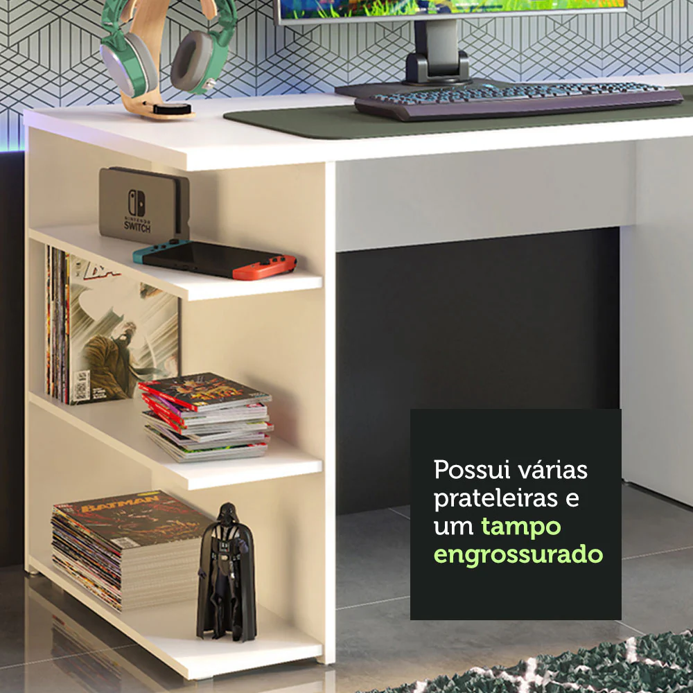 Mesa para Computador Gamer Madesa 9409 e Painel para TV até 65 Polegadas Branco/Rustic - Image 6