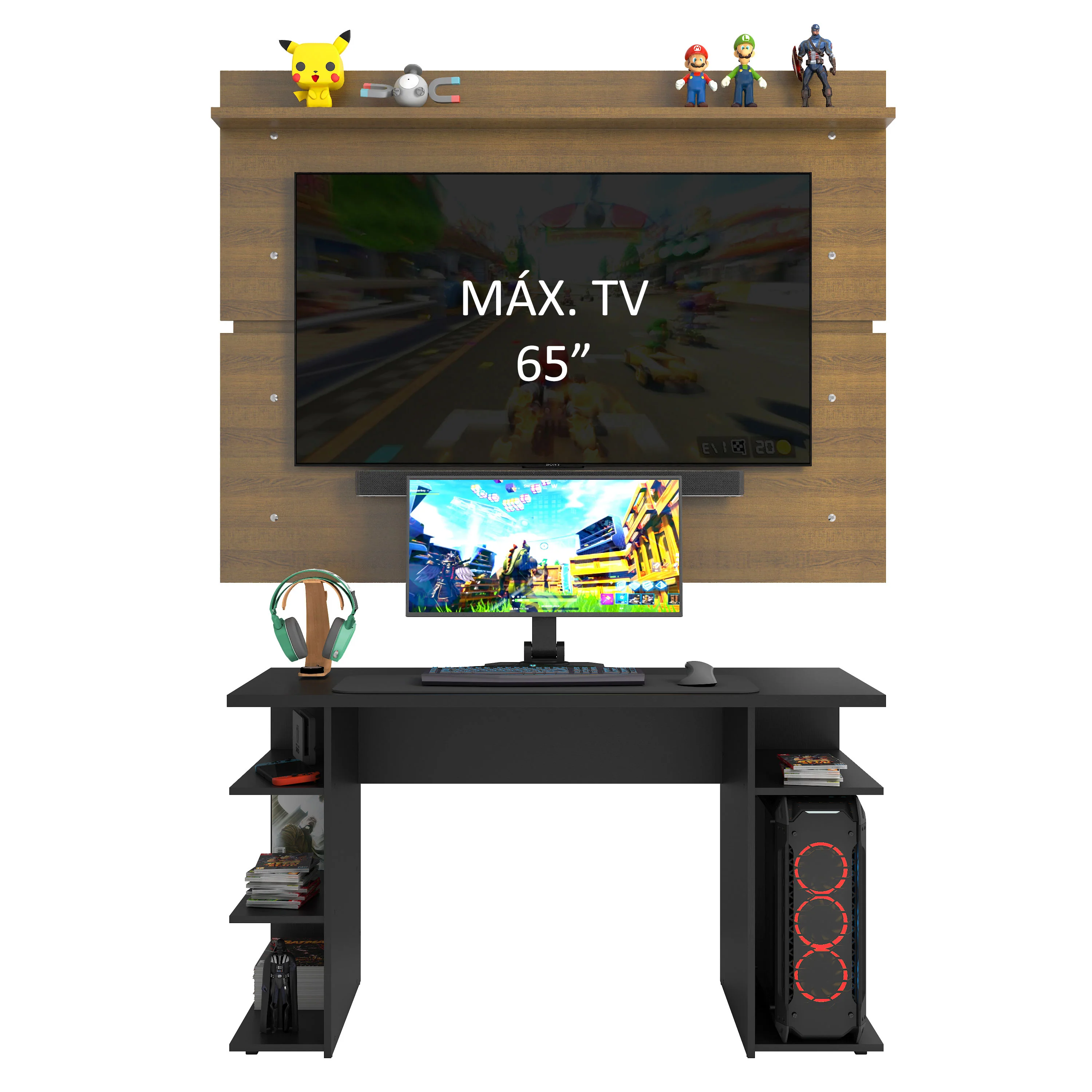 Mesa para Computador Gamer Madesa 9409 e Painel para TV até 65 Polegadas Preto/Rustic - Image 4