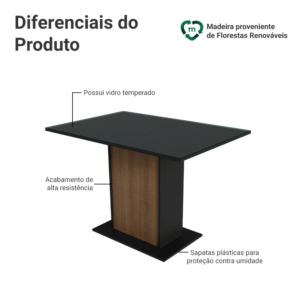 Mesa de Jantar Retangular com Tampo de Vidro Preto/Rustic 5329 Madesa - Image 3