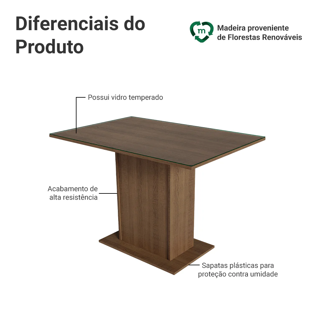 Mesa de Jantar Retangular com Tampo de Vidro Rustic 5329 Madesa - Image 3