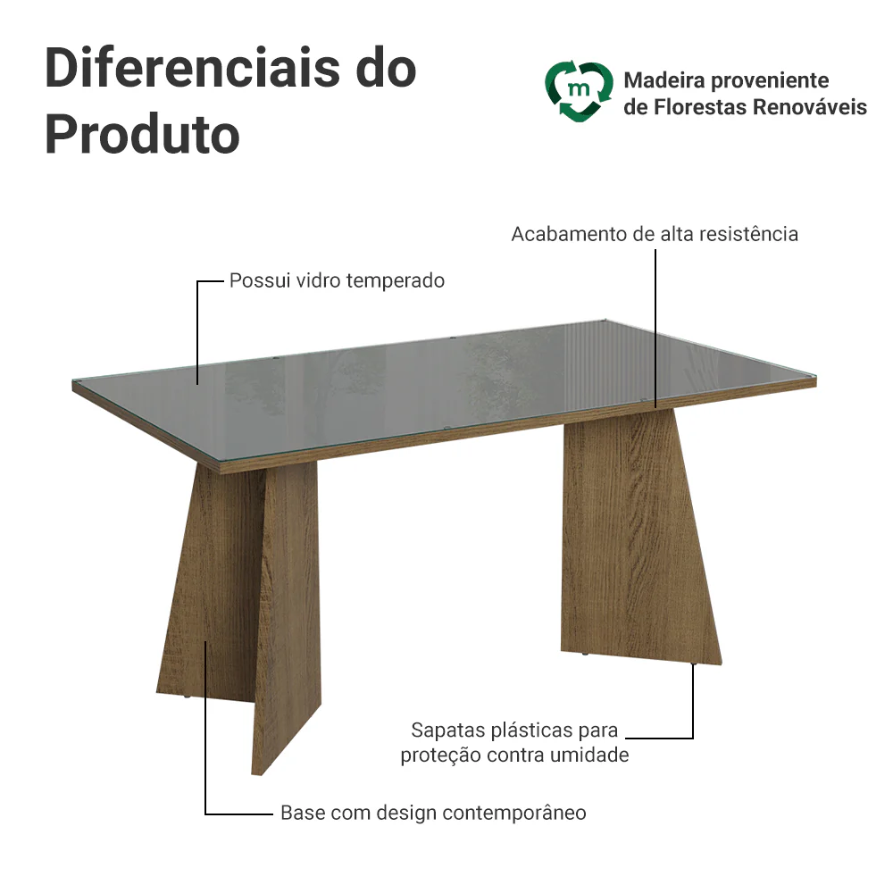 Mesa de Jantar Retangular Tampo de Vidro 5389 Rustic/Cinza Madesa - Image 3