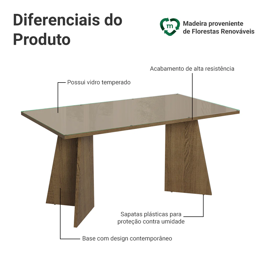 Mesa de Jantar Retangular Tampo de Vidro 5389 Rustic/Crema Madesa - Image 3