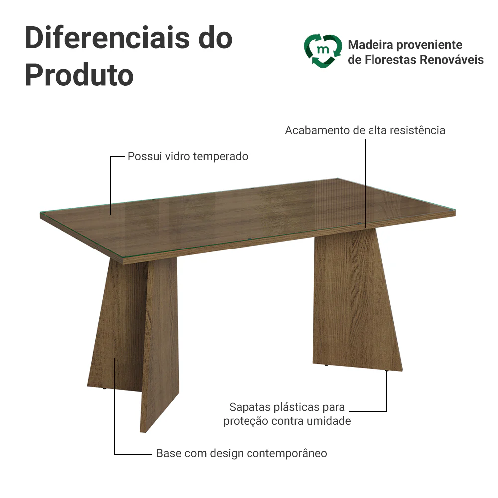 Mesa de Jantar Retangular Tampo de Vidro 5389 Rustic Madesa - Image 3
