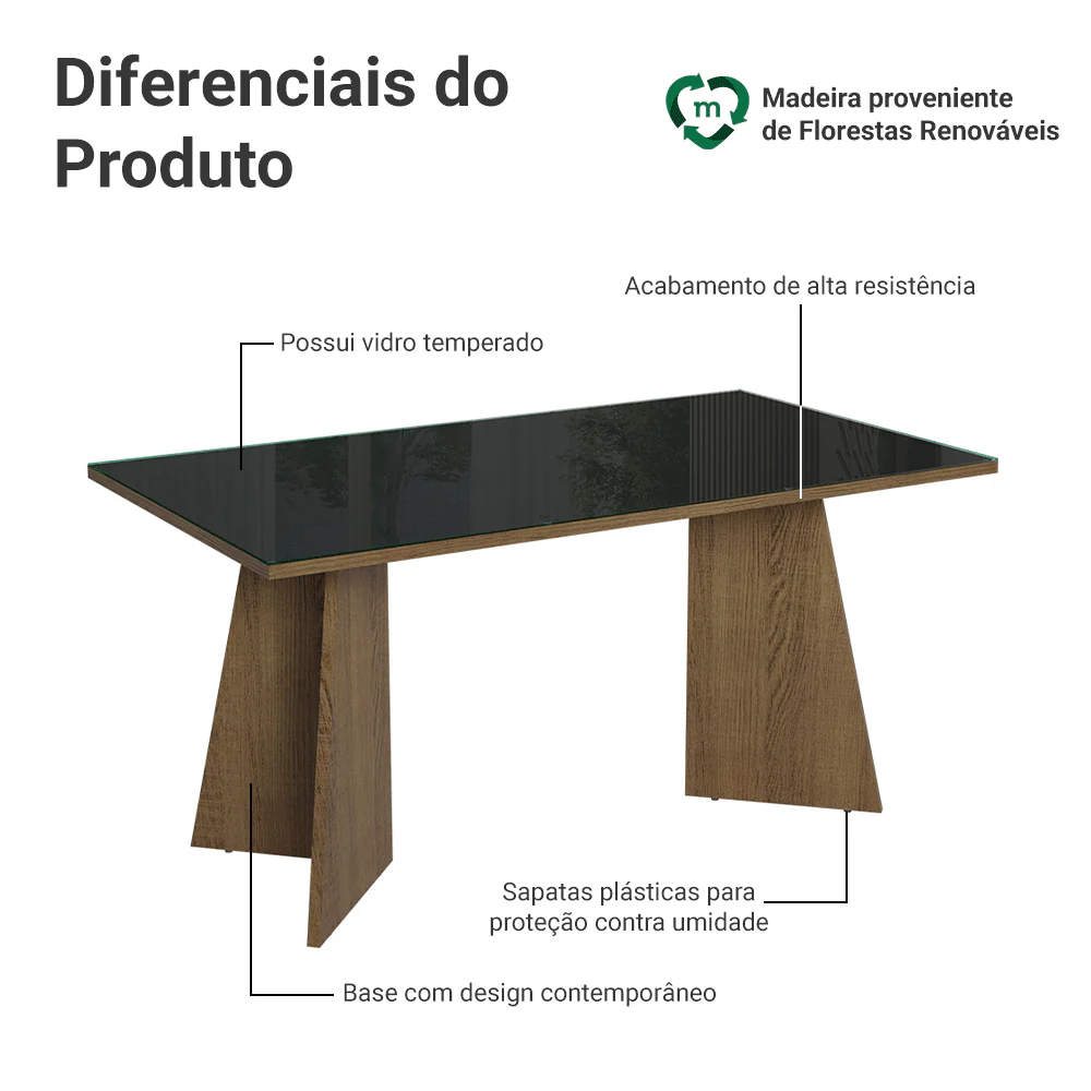Mesa de Jantar Retangular Tampo de Vidro 5389 Rustic/Preto Madesa - Image 3