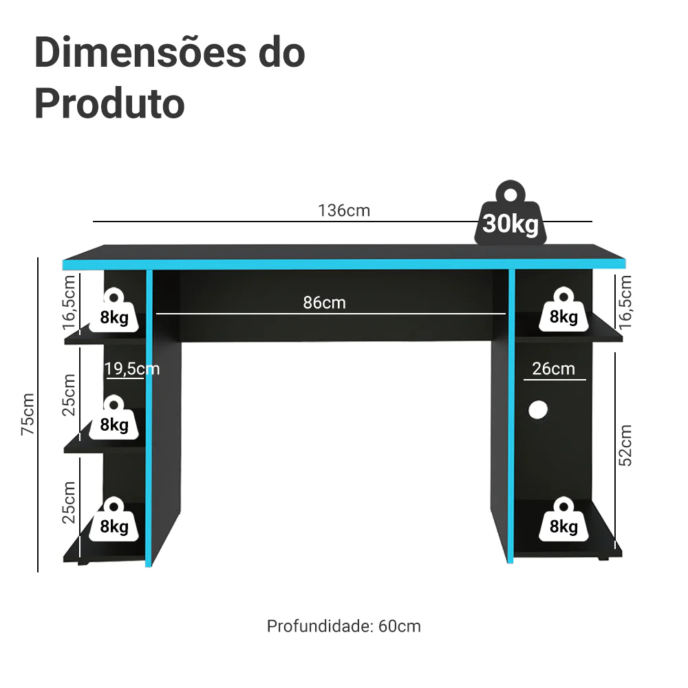 Mesa para Computador Gamer Madesa 9409 Preto/Azul - Image 3