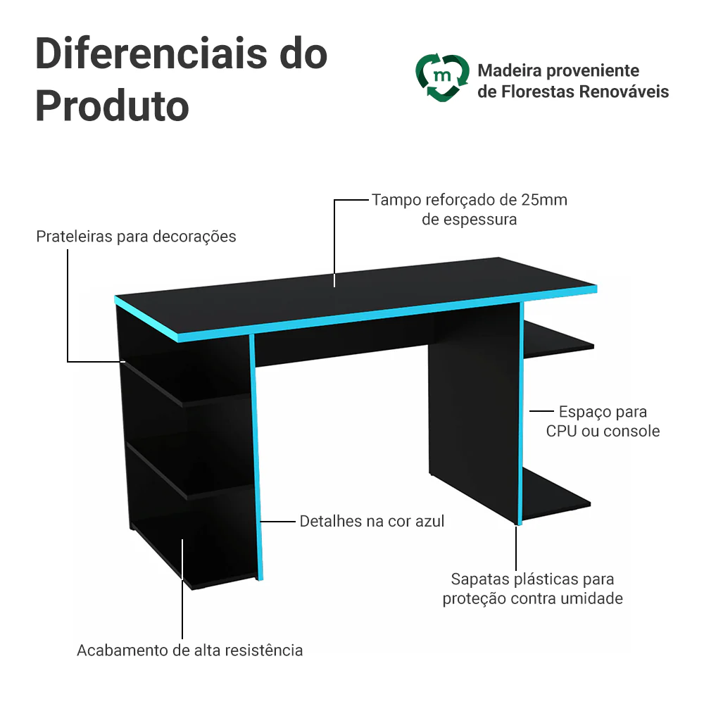 Mesa para Computador Gamer Madesa 9409 Preto/Azul - Image 4