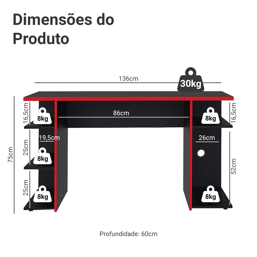 Mesa para Computador Gamer Madesa 9409 Preto/Vermelho - Image 3