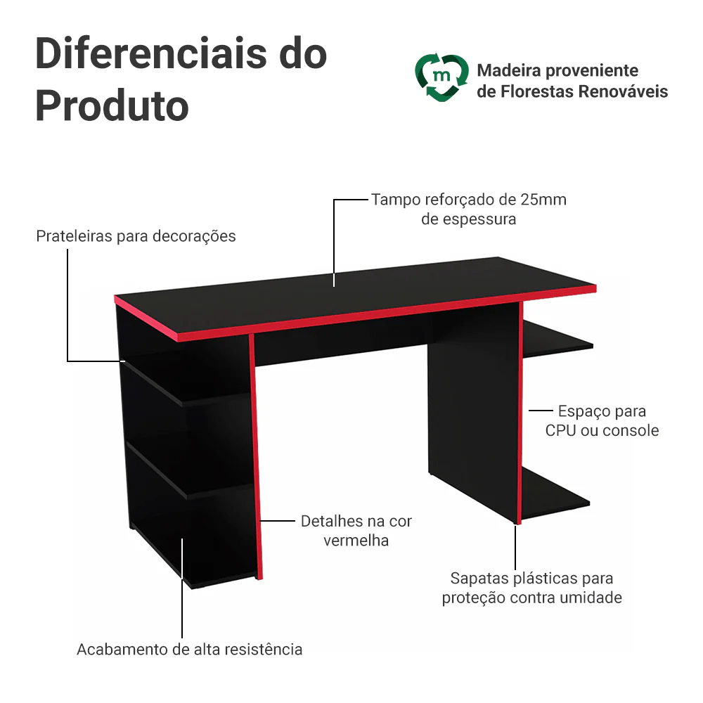 Mesa para Computador Gamer Madesa 9409 Preto/Vermelho - Image 4