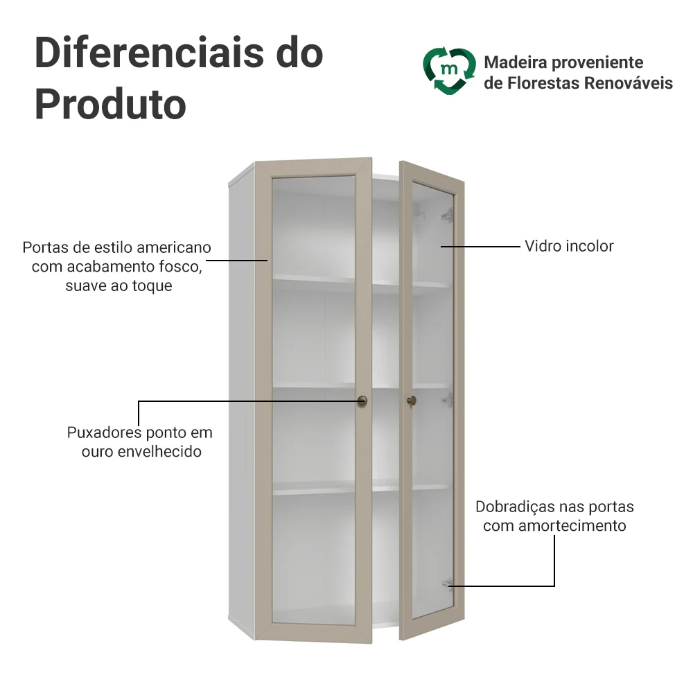 Módulo Cristaleira 70 cm 2 Portas de Vidro Branco/Crema Vik Madesa - Image 3