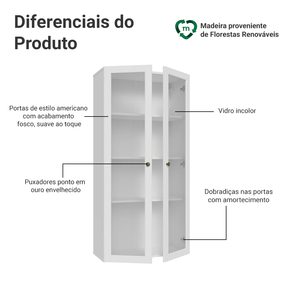 Módulo Cristaleira 70 cm 2 Portas de Vidro Branco Vik Madesa - Image 3