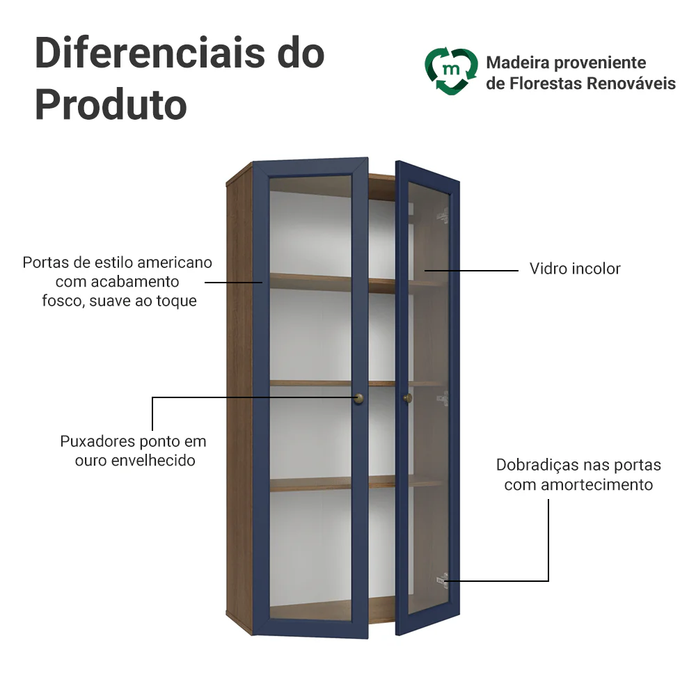 Módulo Cristaleira 70 cm 2 Portas de Vidro Rustic/Azul Vik Madesa - Image 3