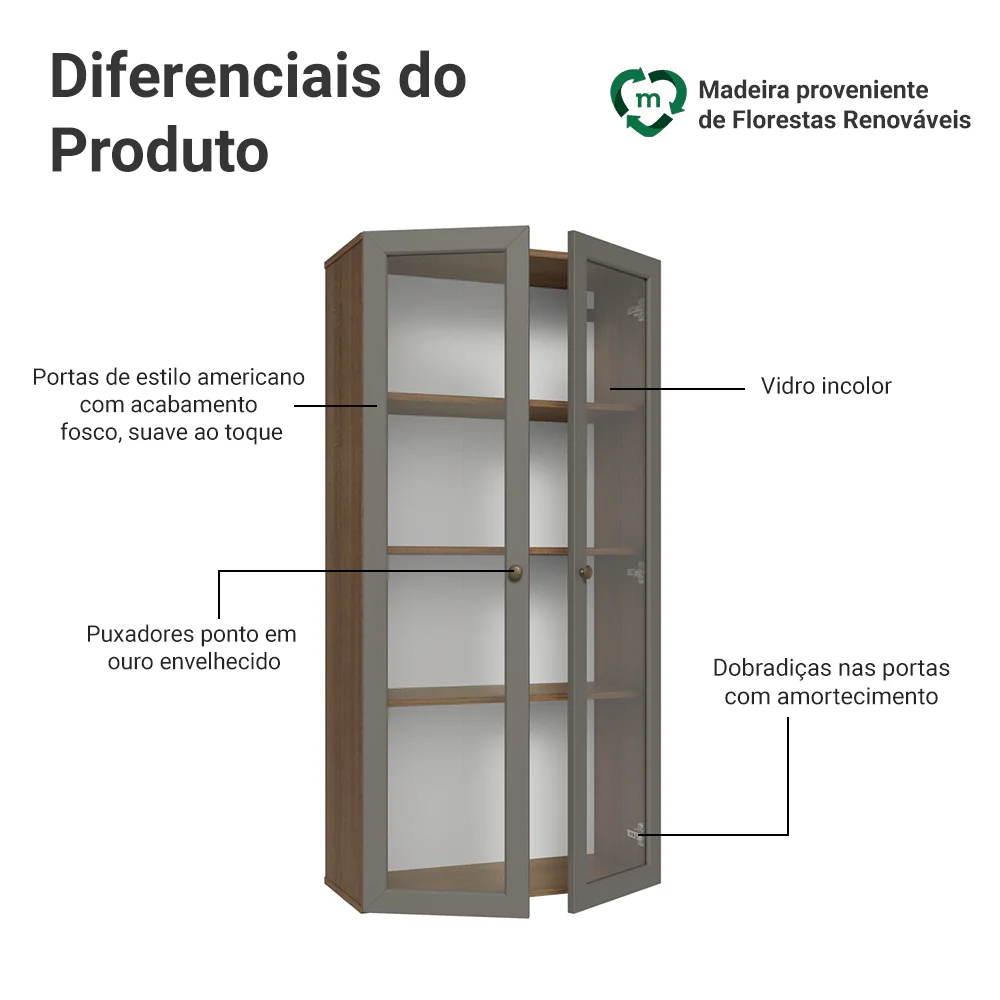 Módulo Cristaleira 70 cm 2 Portas de Vidro Rustic/Cinza Vik Madesa - Image 3