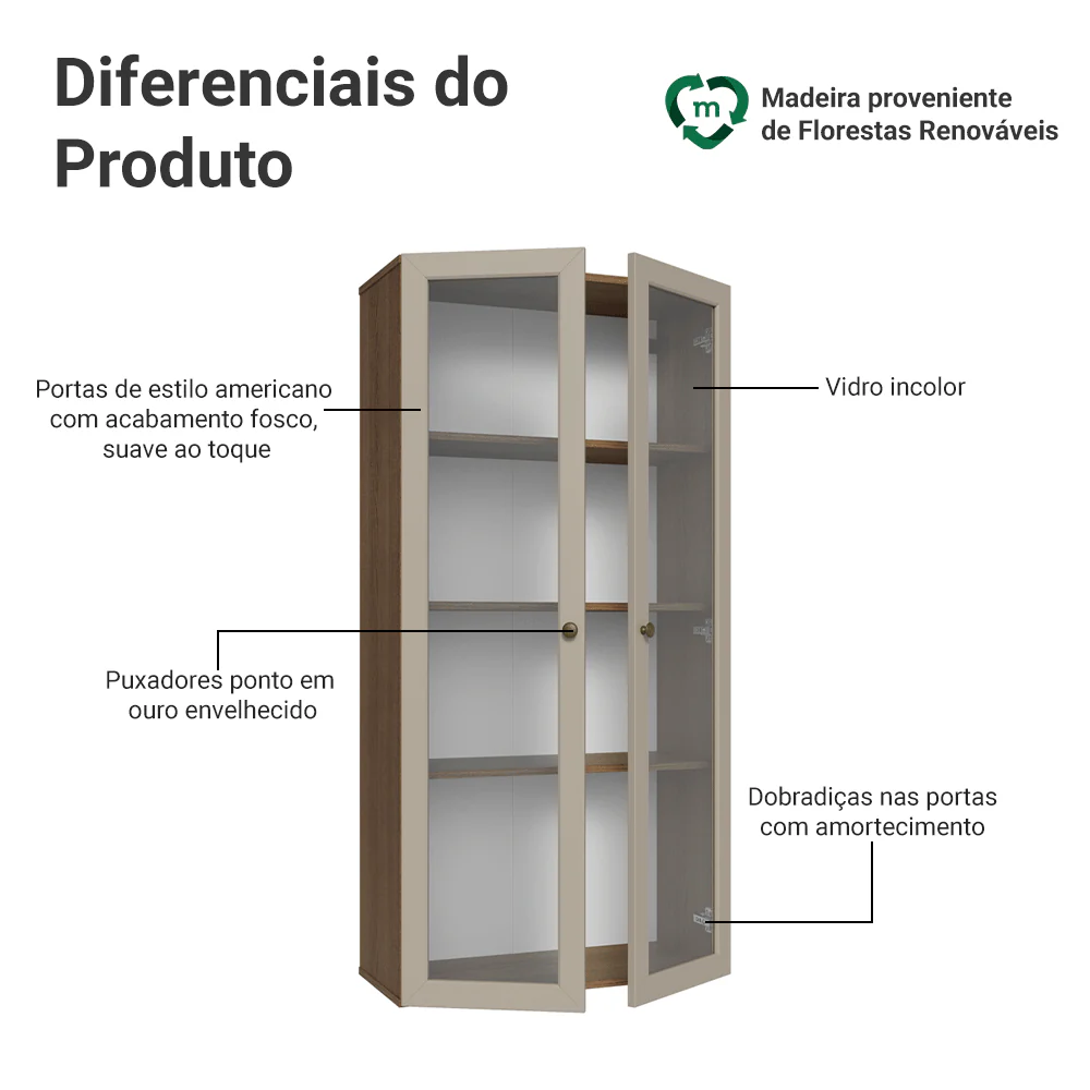 Módulo Cristaleira 70 cm 2 Portas de Vidro Rustic/Crema Vik Madesa - Image 3