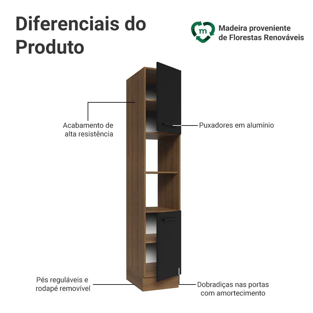 Paneleiro 40 cm 2 Portas e 2 Nichos Rustic/Preto Agata Madesa - Image 3