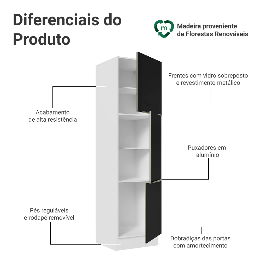 Paneleiro 60 cm 3 Portas Branco/Preto Lux Madesa - Image 3