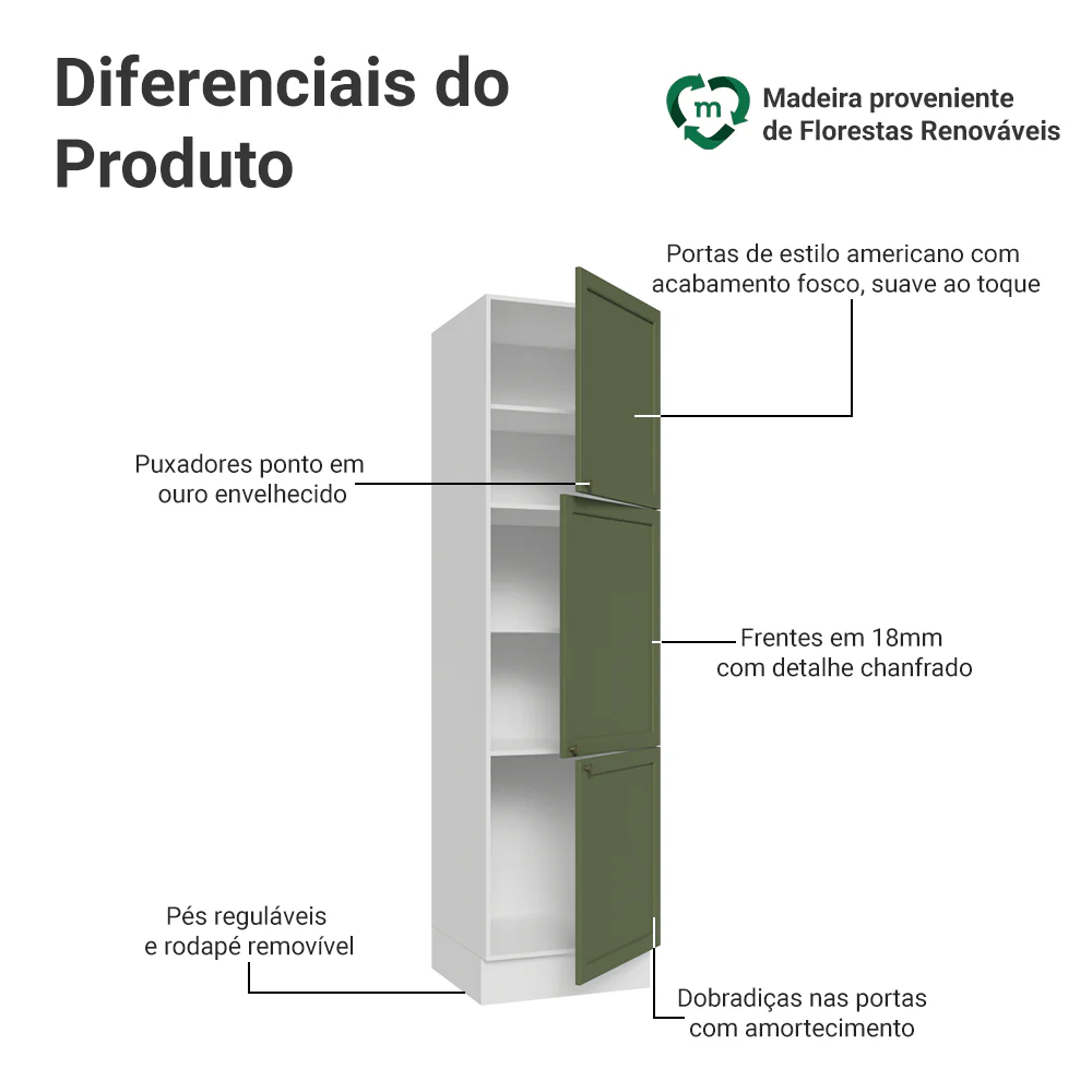 Paneleiro 60 cm 3 Portas Branco/Verde Vik Madesa - Image 3