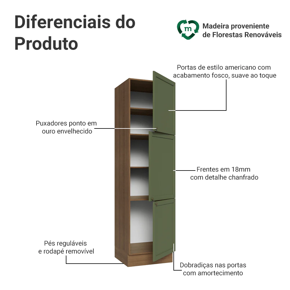 Paneleiro 60 cm 3 Portas Rustic/Verde Vik Madesa - Image 3