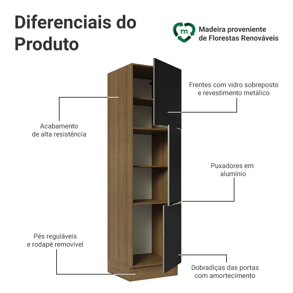 Paneleiro 60 x 60 cm 3 Portas Rustic/Preto Lux Madesa - Image 3