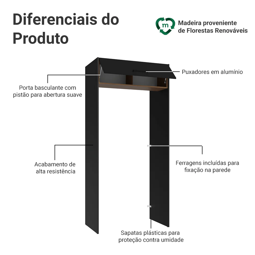 Porta-Geladeira 103 cm 1 Porta Basculante Preto/Rustic/Preto Agata Madesa - Image 3