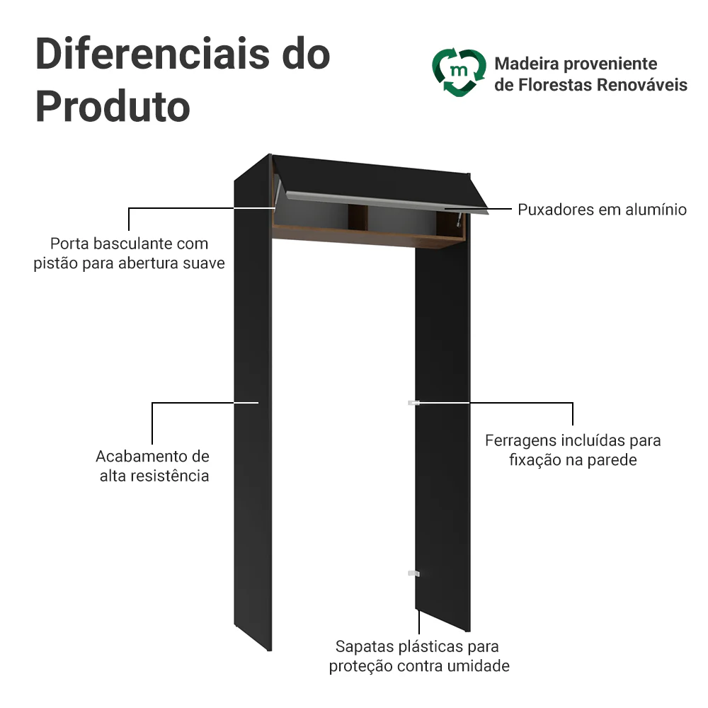 Porta-Geladeira 103 cm 1 Porta Basculante Preto/Rustic/Preto Glamy Madesa - Image 3