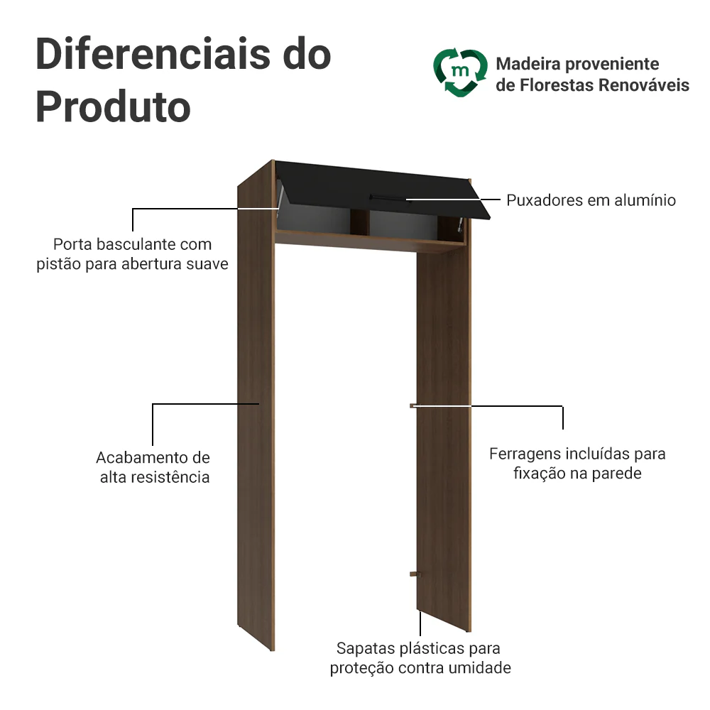 Porta-Geladeira 103 cm 1 Porta Basculante Rustic/Preto Agata Madesa - Image 3