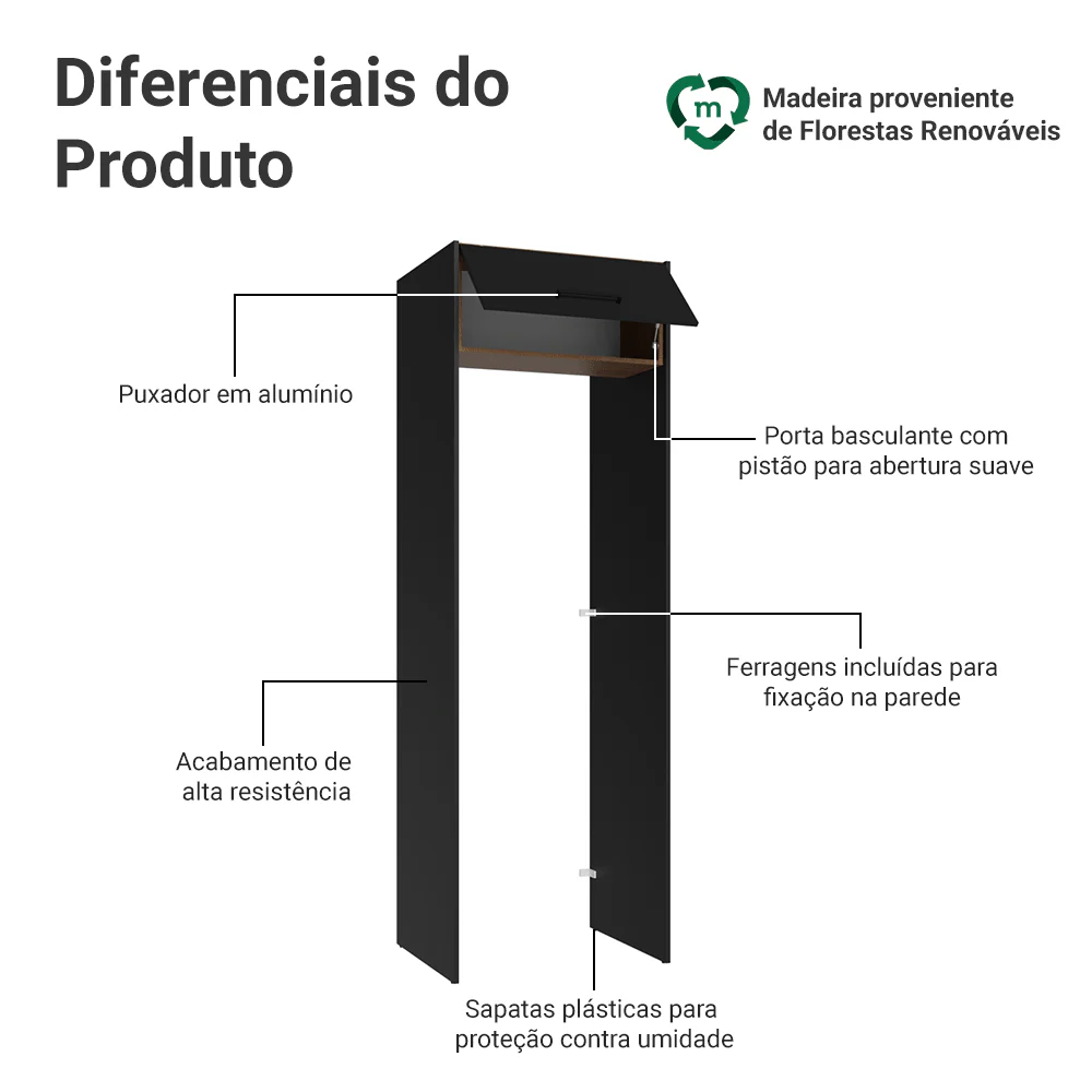 Porta-Geladeira 73 cm 1 Porta Basculante Preto/Rustic/Preto Agata Madesa - Image 3
