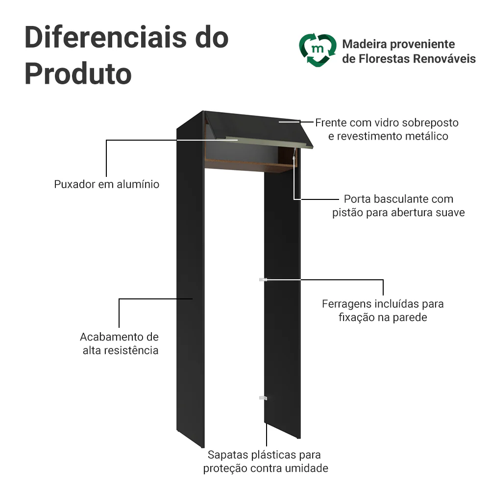 Porta-Geladeira 73 cm 1 Porta Basculante Preto/Rustic/Preto Lux Madesa - Image 3