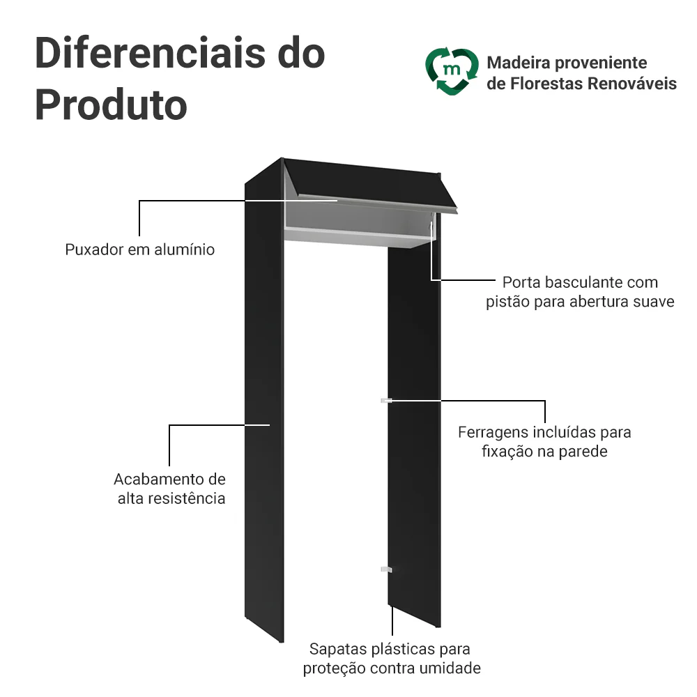 Porta-Geladeira 83 cm 1 Porta Basculante Preto/Branco/Preto Glamy Madesa - Image 3