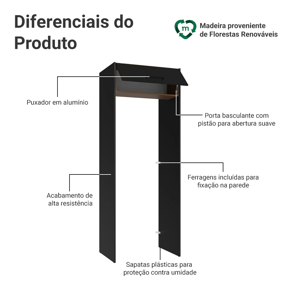 Porta-Geladeira 83 cm 1 Porta Basculante Preto/Rustic/Preto Agata Madesa - Image 3