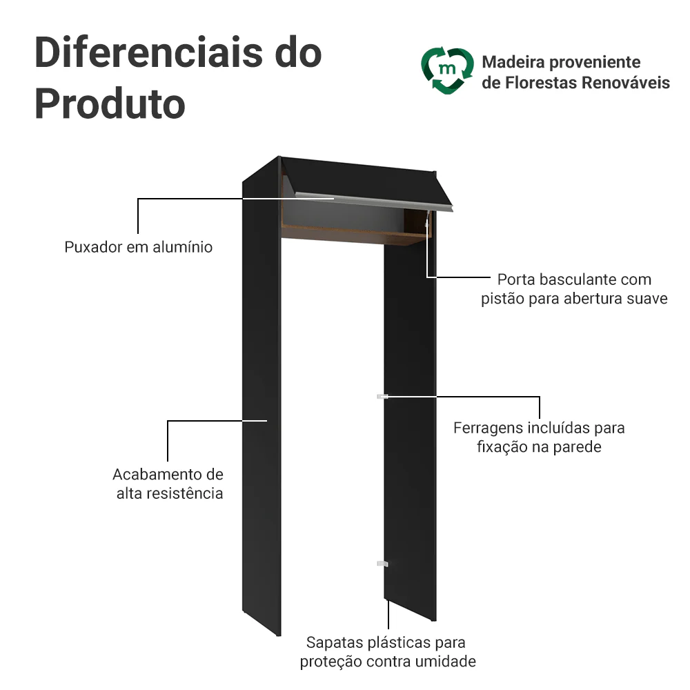 Porta-Geladeira 83 cm 1 Porta Basculante Preto/Rustic/Preto Glamy Madesa - Image 3