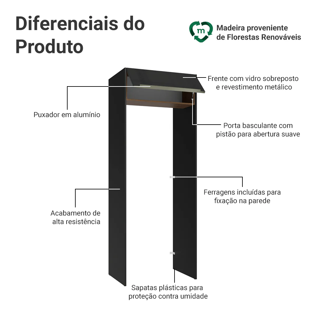 Porta-Geladeira 83 cm 1 Porta Basculante Preto/Rustic/Preto Lux Madesa - Image 3