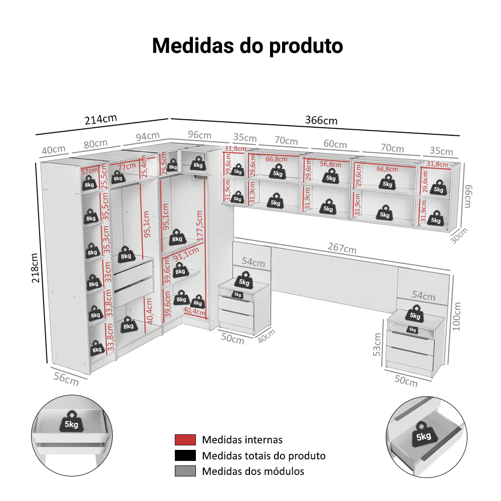 Quarto Completo Casal de Canto 580 cm com Mesa de Cabeceira Branco Neo Madesa - Image 3