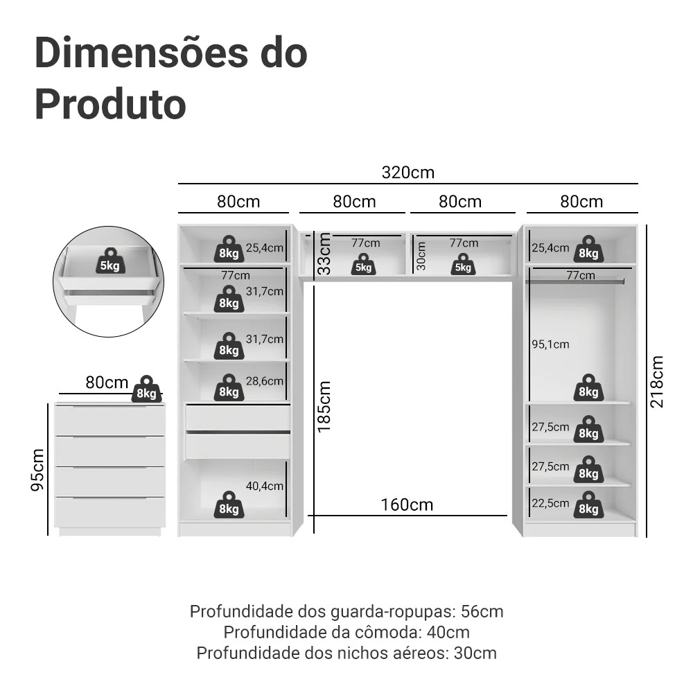 Quarto Infantil com 2 Guarda-Roupas Neo com Espelhos 2 Aéreos 1 Cômoda Branco Madesa 04 - Image 3