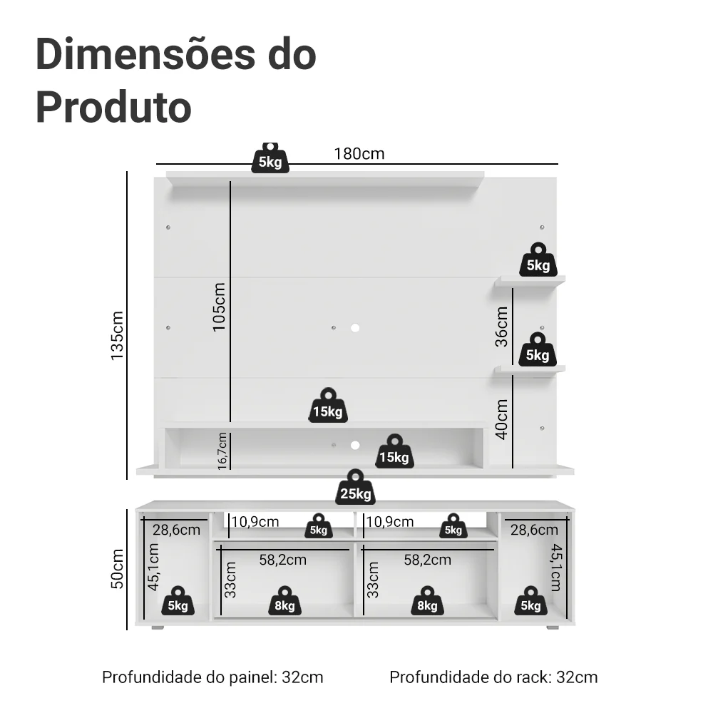 Rack com Painel para TV até 60 Polegadas 180 cm Branco Cancun Madesa - Image 3