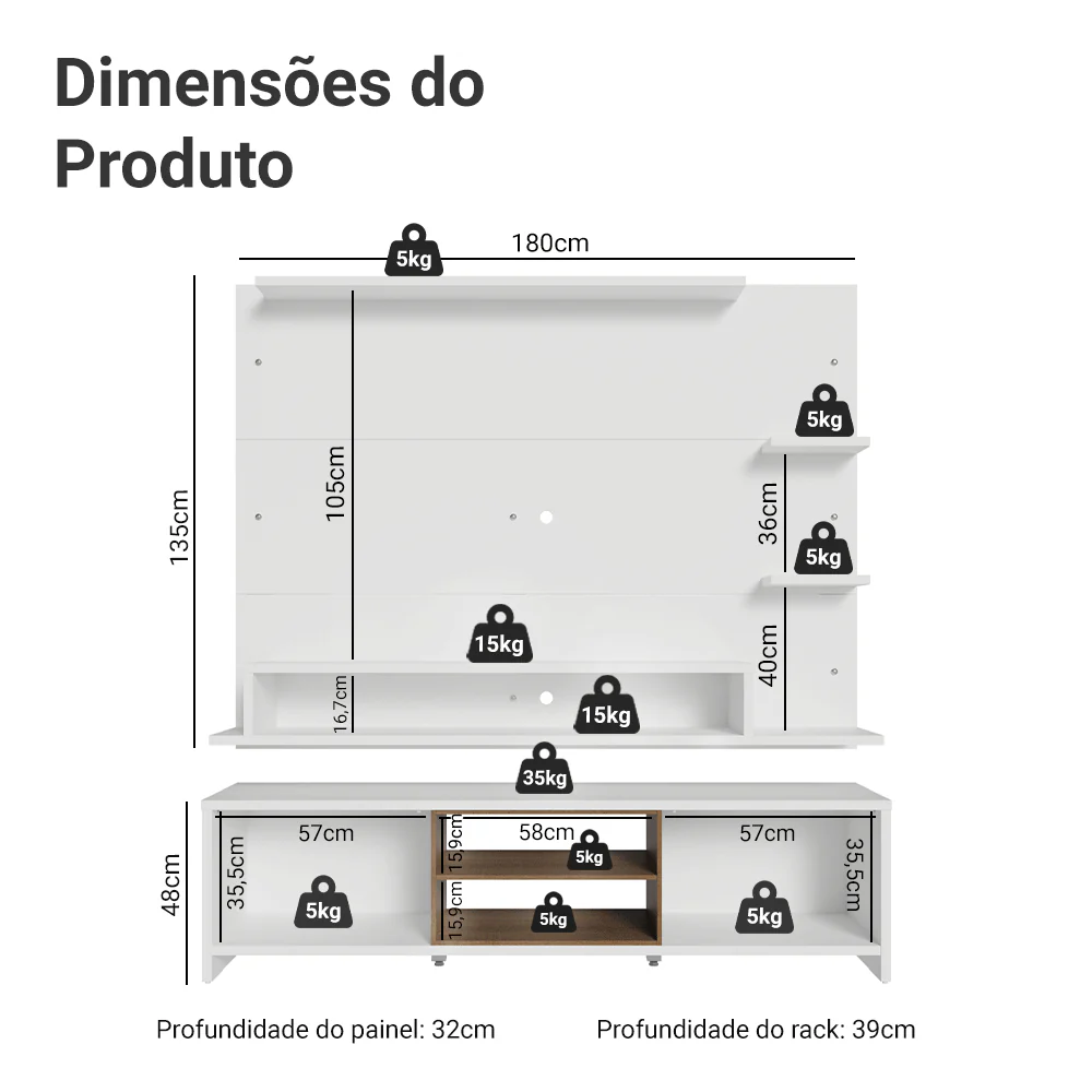 Rack com Painel para TV até 60 Polegadas 180 cm Branco/Rustic Metz Madesa - Image 3
