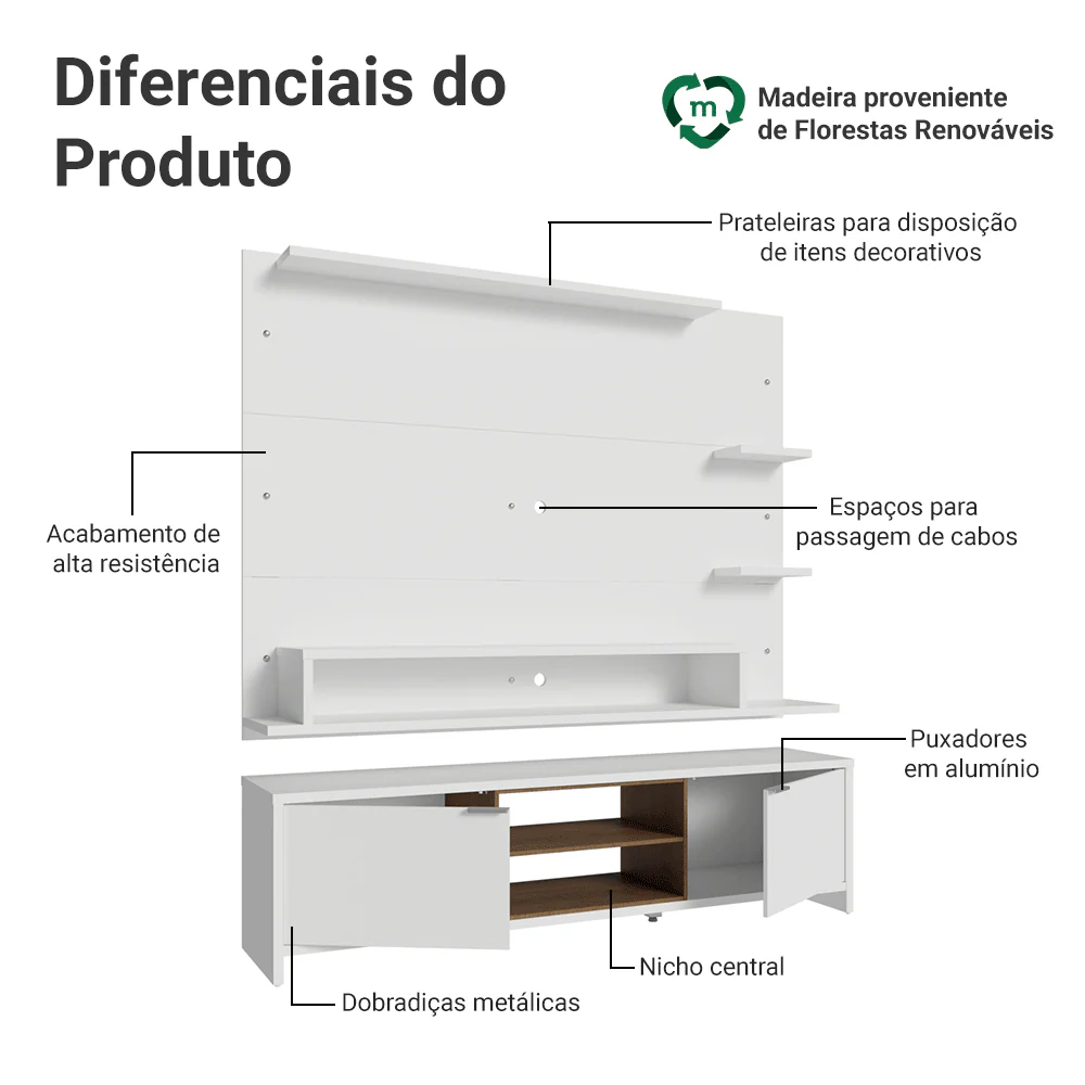 Rack com Painel para TV até 60 Polegadas 180 cm Branco/Rustic Metz Madesa - Image 4