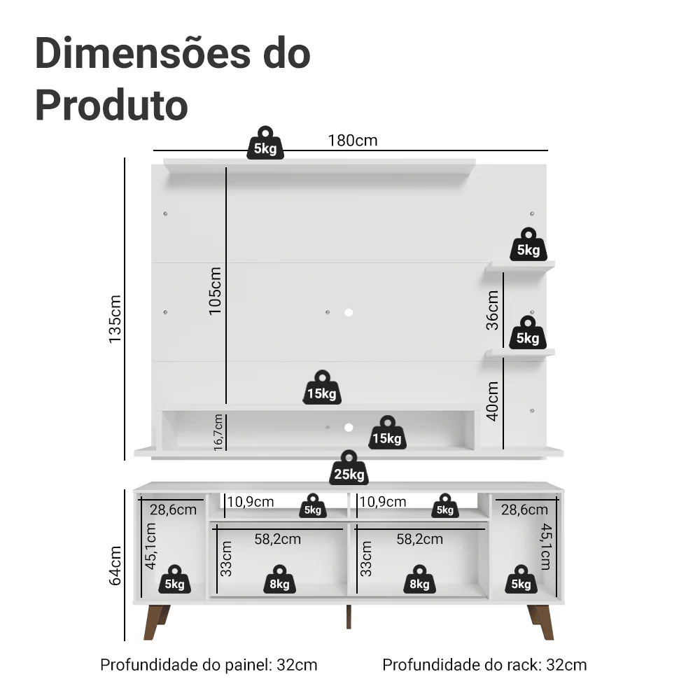 Rack com Painel para TV até 60 Polegadas 180 cm com Pés Branco/Rustic Cancun Madesa - Image 3